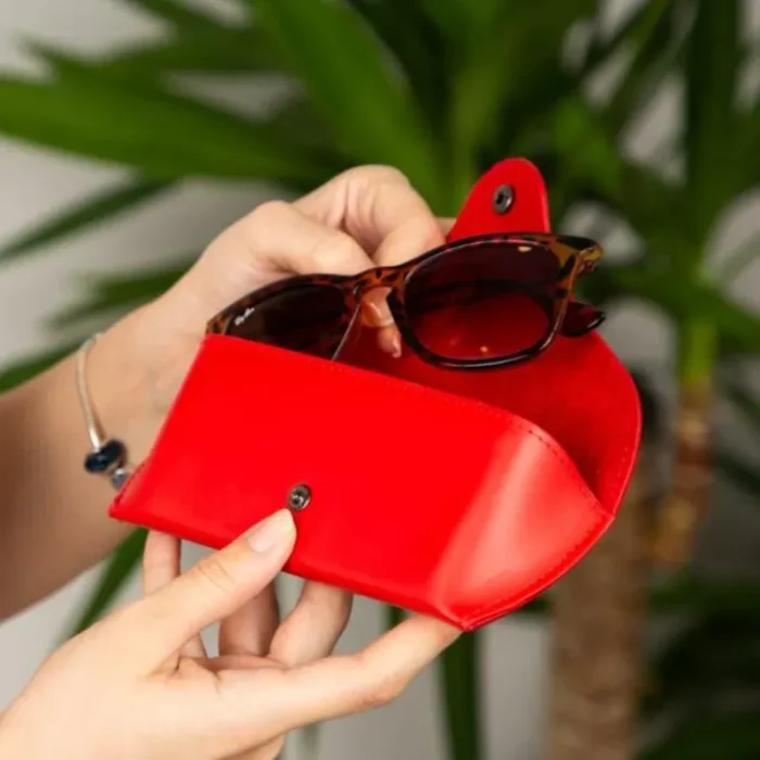 Red Leather Sunglasses Case Close View