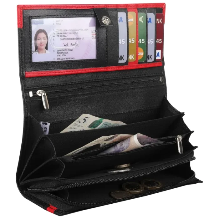 Women'S Black-Red Leather Card Holder Wallet Inner View