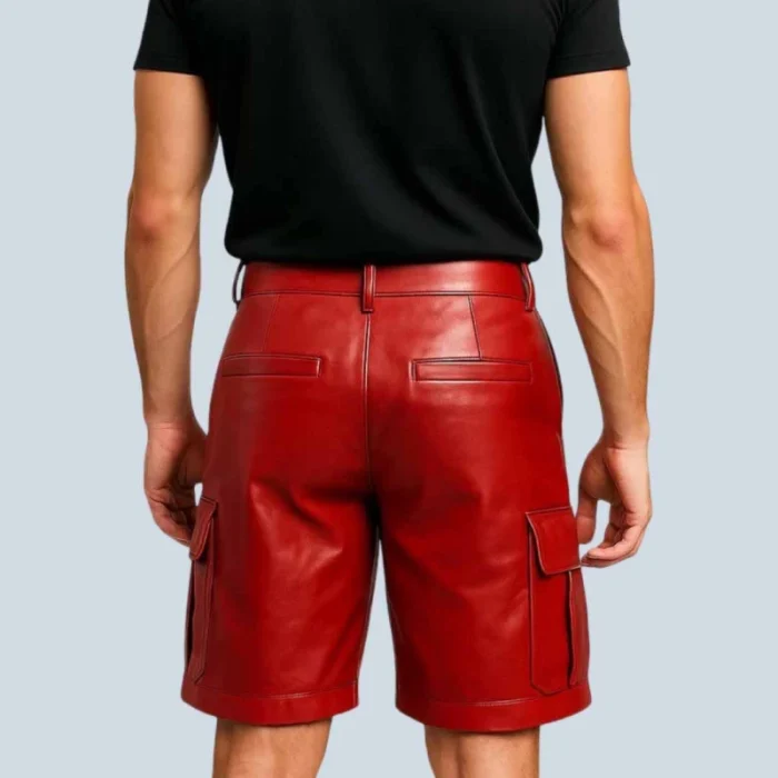 Bold Red Genuine Leather Cargo Shorts For Men - 2