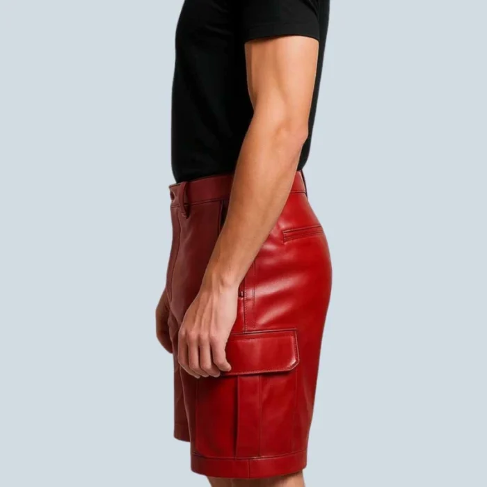 Bold Red Genuine Leather Cargo Shorts For Men - 3