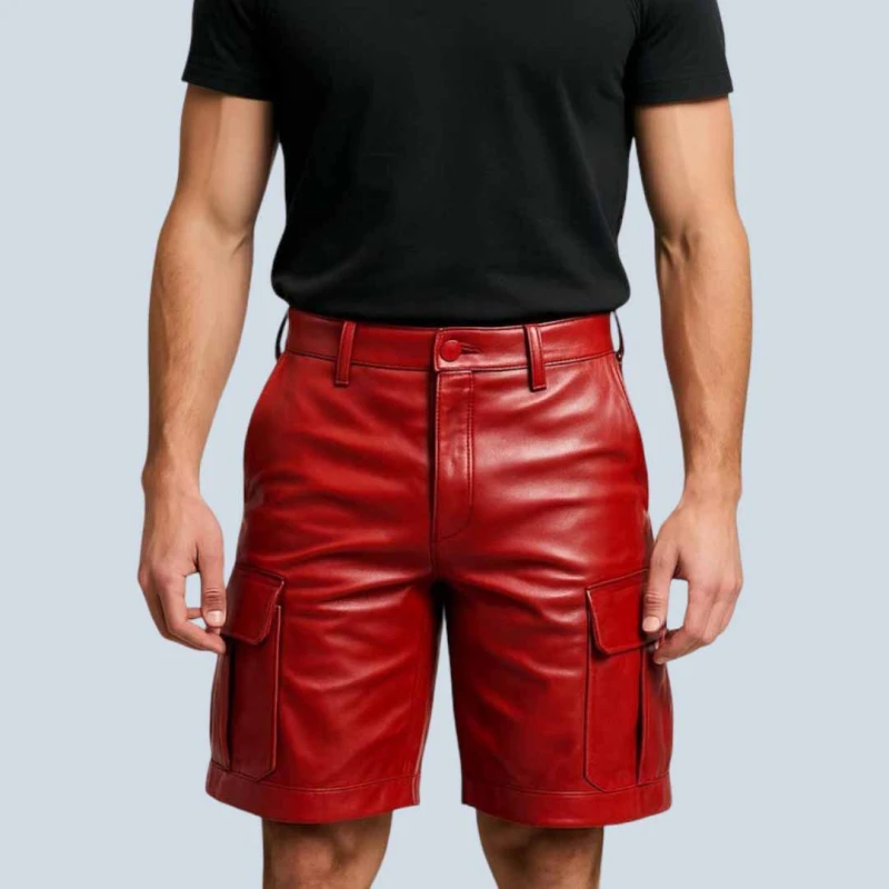 Bold Red Genuine Leather Cargo Shorts For Men Men'S Bold Red Genuine Leather Cargo Shorts