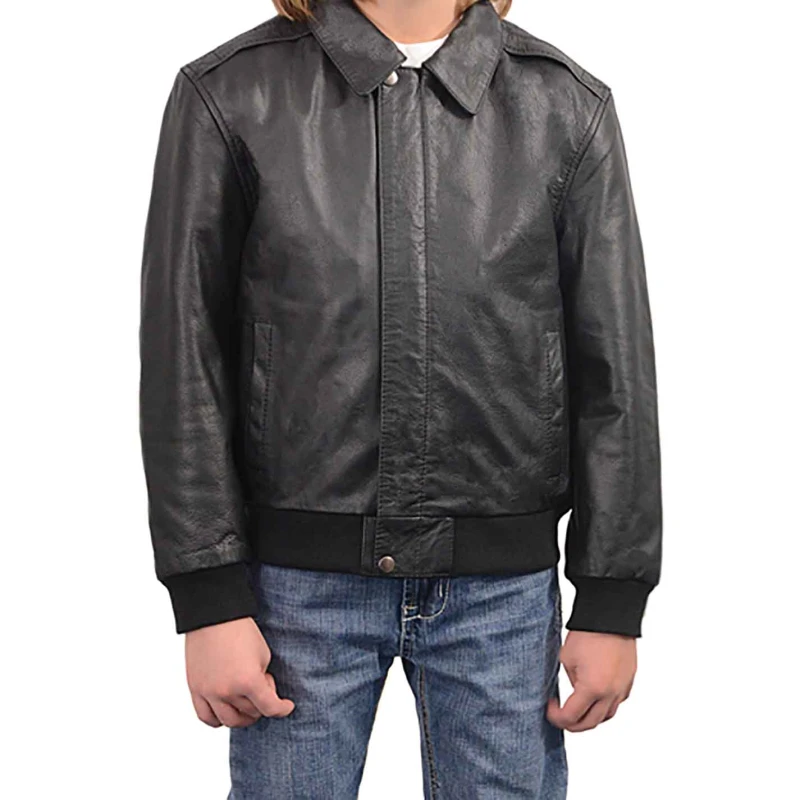 Boy'S Black Cowhide Leather Bomber Jacket Boy'S Black Cowhide Leather Bomber Jacket