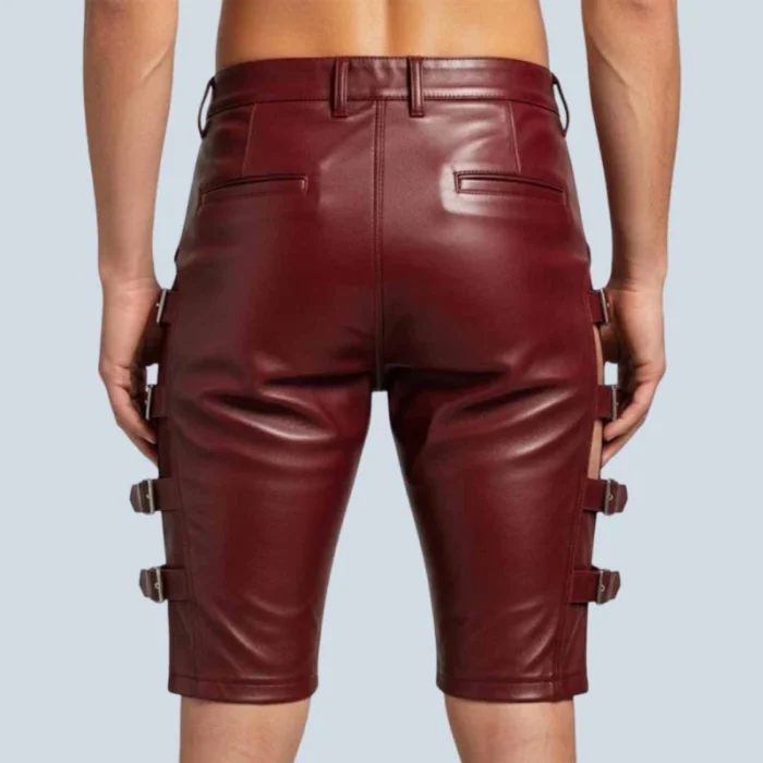 Burgundy Leather Strap Shorts For Men - 2