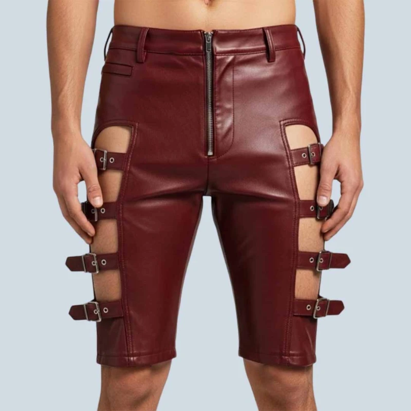 Burgundy Leather Strap Shorts For Men Men'S Burgundy Leather Strappy Buckle Shorts