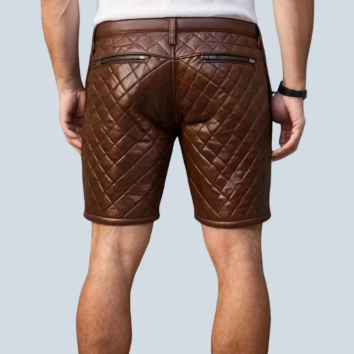 Men Brown Quilted Sheep Leather Shorts With Diamond Stitch Design - 2
