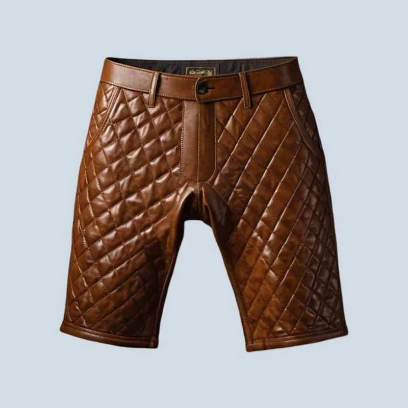 Men Brown Quilted Sheep Leather Shorts With Diamond Stitch Design Men Brown Quilted Sheep Leather Shorts With Diamond Stitch Design