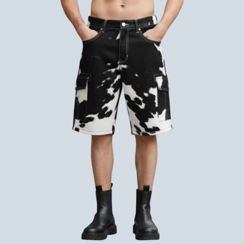 Men Cow Print Leather Cargo Shorts Cowboy Y2K Style Men Cow Print Leather Cargo Shorts Cowboy Y2K Style