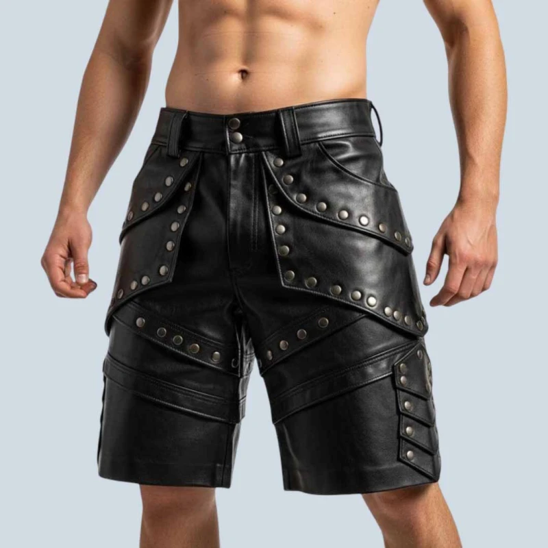 Men Studded Lambskin Leather Shorts Men'S Black Studded Lambskin Leather Shorts