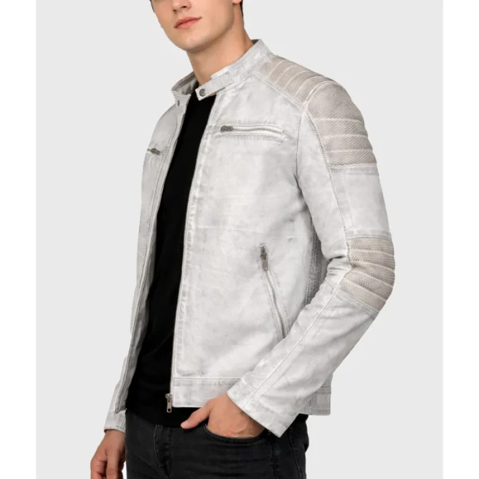 Men'S Grey Distressed Leather Biker Jacket - 2