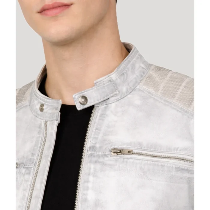 Men'S Grey Distressed Leather Biker Jacket - 4