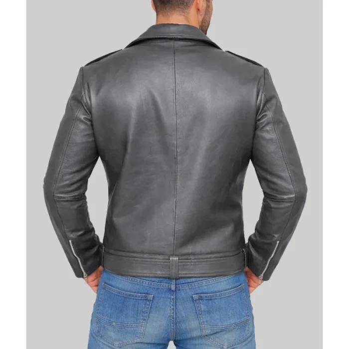 Men'S Grey Real Leather Biker Jacket - 2