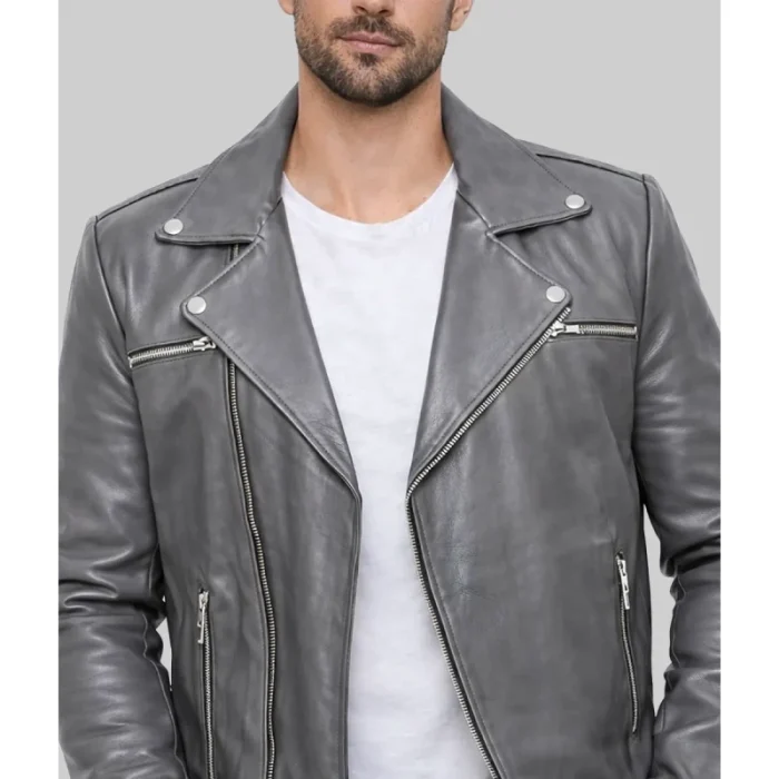 Men'S Grey Real Leather Biker Jacket - 3