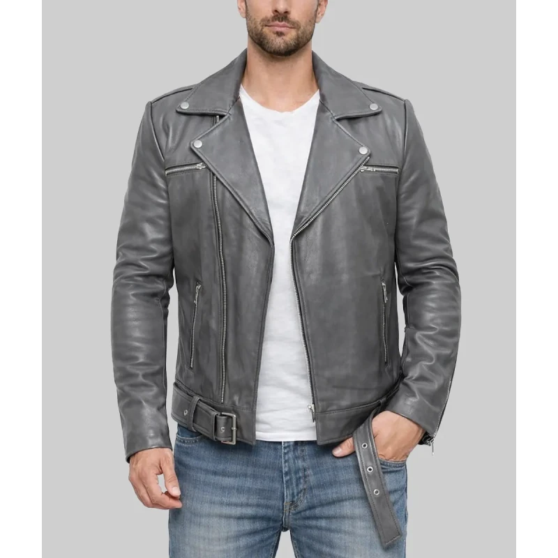 Men'S Grey Real Leather Biker Jacket Men'S Grey Real Leather Biker Jacket