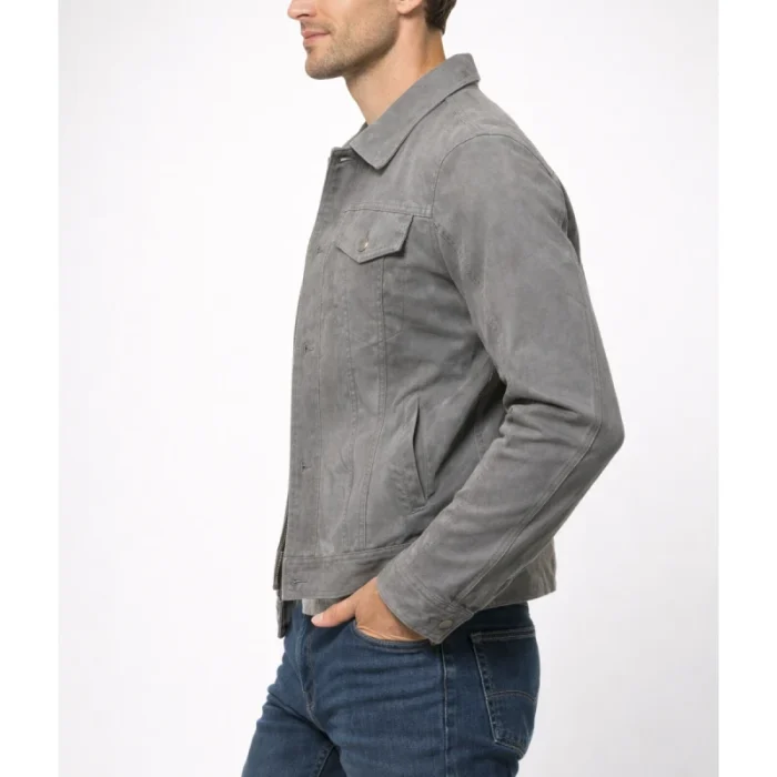 Men'S Grey Suede Leather Trucker Jacket - 2