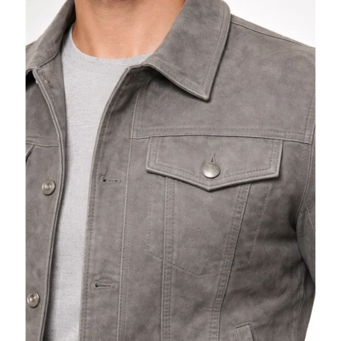 Men'S Grey Suede Leather Trucker Jacket - 4