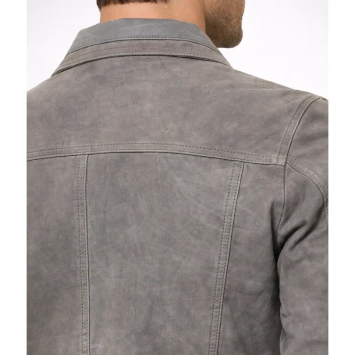 Men'S Grey Suede Leather Trucker Jacket - 5