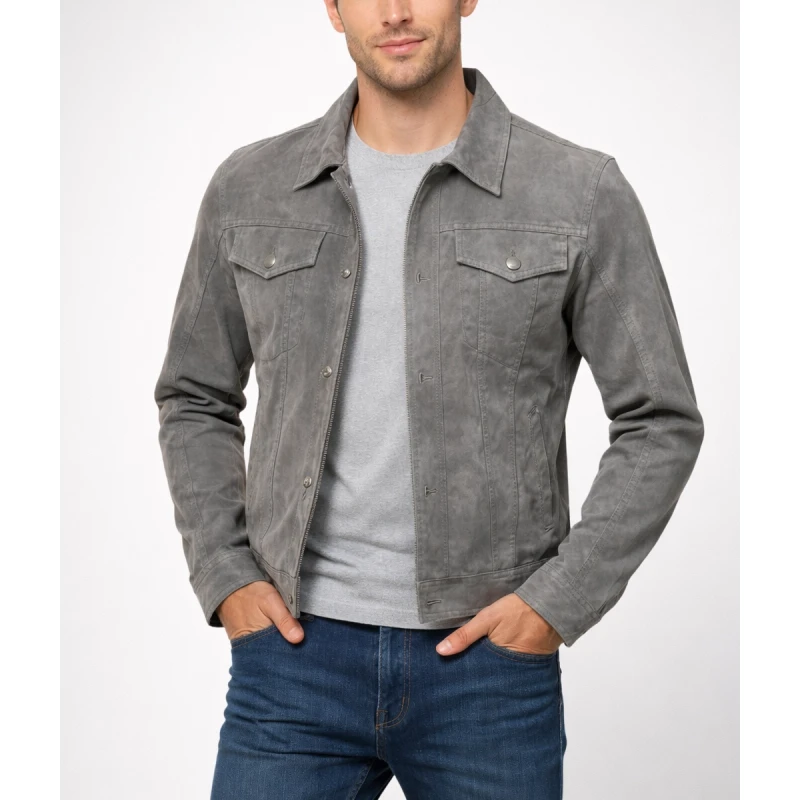 Men'S Grey Suede Leather Trucker Jacket Men'S Grey Suede Leather Trucker Jacket