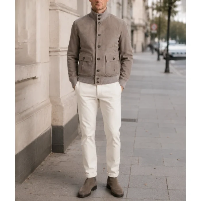 Men'S Light Grey A-1 Bomber Suede Jacket - 4