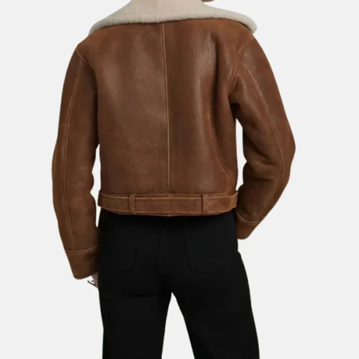 Women'S Brown Cropped Shearling Aviator Leather Jacket - 2