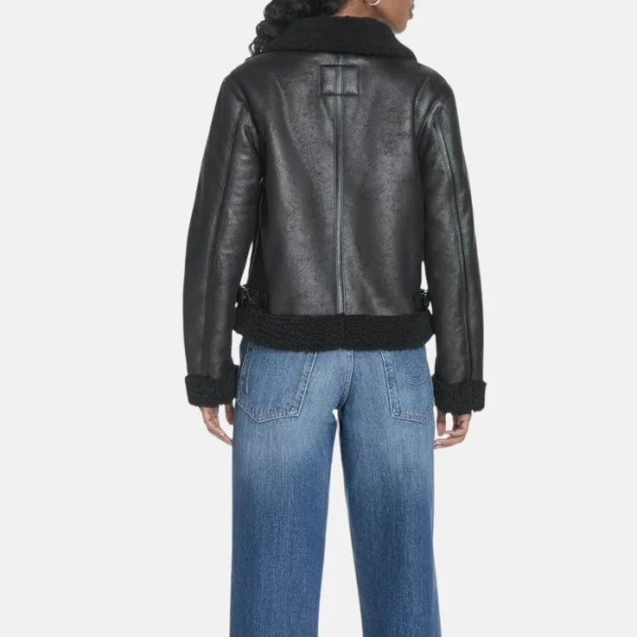 Women'S Black Faux Leather Shearling Aviator Jacket - 2