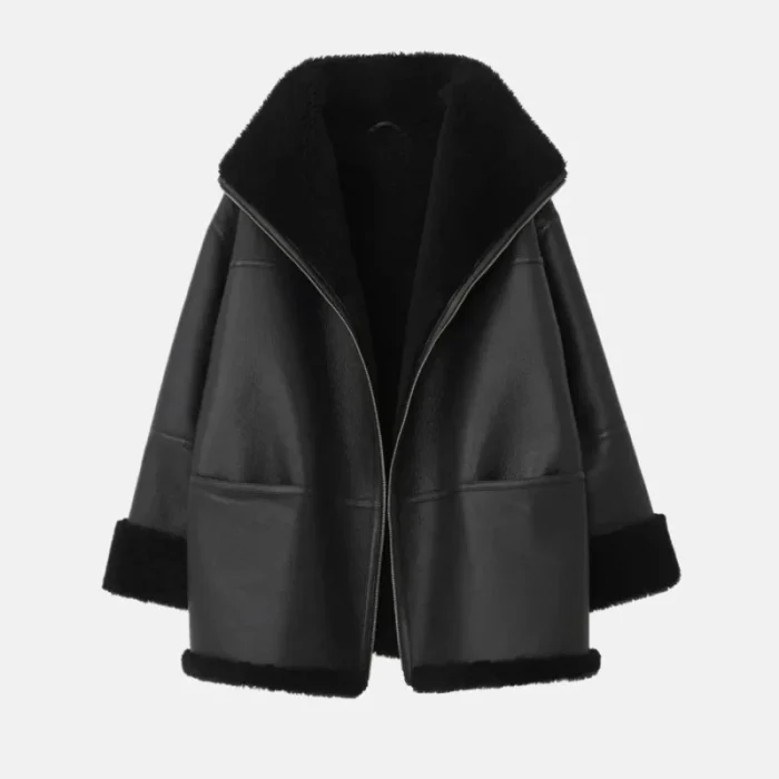 Women'S Black Faux Leather Shearling Aviator Jacket - 2