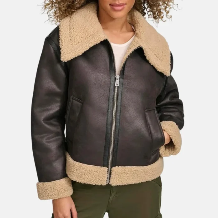 Women'S Black Faux Leather Shearling Aviator Jacket - 3