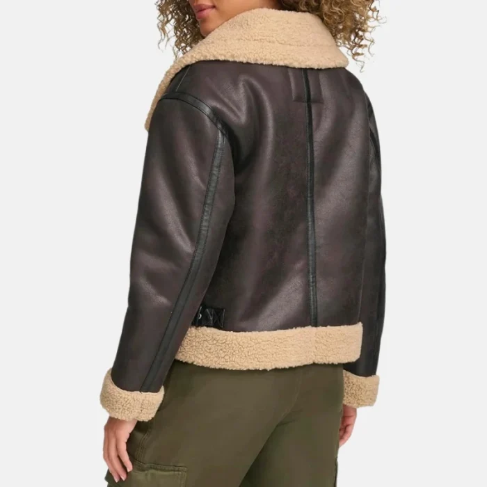 Women'S Black Faux Leather Shearling Aviator Jacket - 4