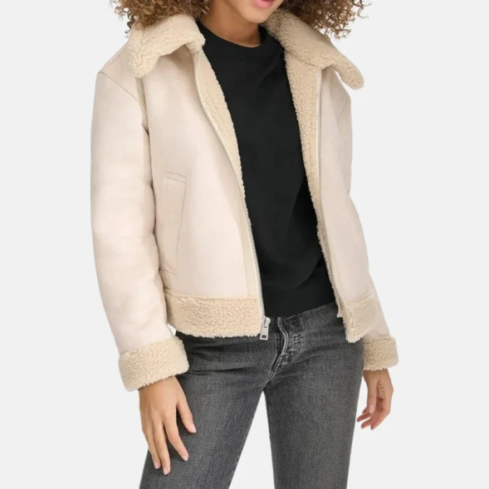 Women'S Black Faux Leather Shearling Aviator Jacket - 5