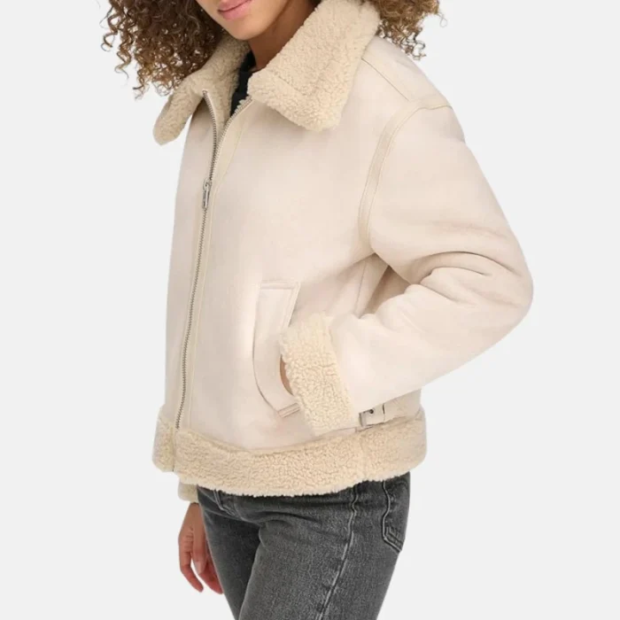 Women'S Black Faux Leather Shearling Aviator Jacket - 6