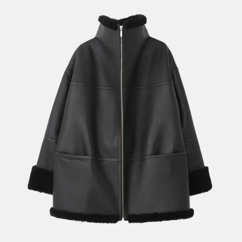 Women'S Black Real Leather Shearling Aviator Jacket Women'S Black Real Leather Shearling Aviator Jacket