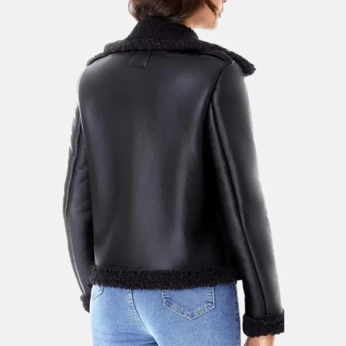Women'S Black Faux Shearling Sherpa Fur Aviator Jacket - 2