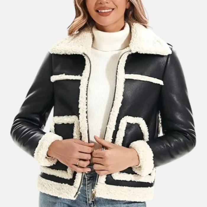 Women'S Black Faux Shearling Sherpa Fur Aviator Jacket - 3