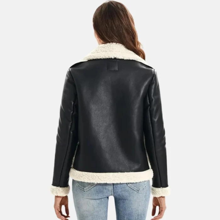 Women'S Black Faux Shearling Sherpa Fur Aviator Jacket - 4