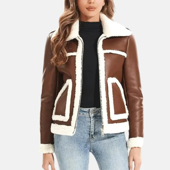 Women'S Black Faux Shearling Sherpa Fur Aviator Jacket - 5