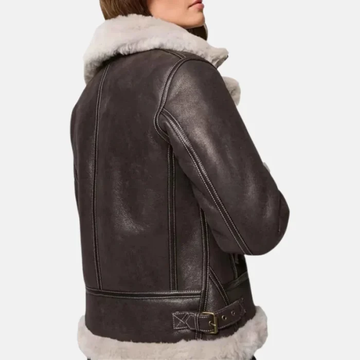 Women'S Brown B3 Shearling Aviator Bomber Leather Jacket - 2