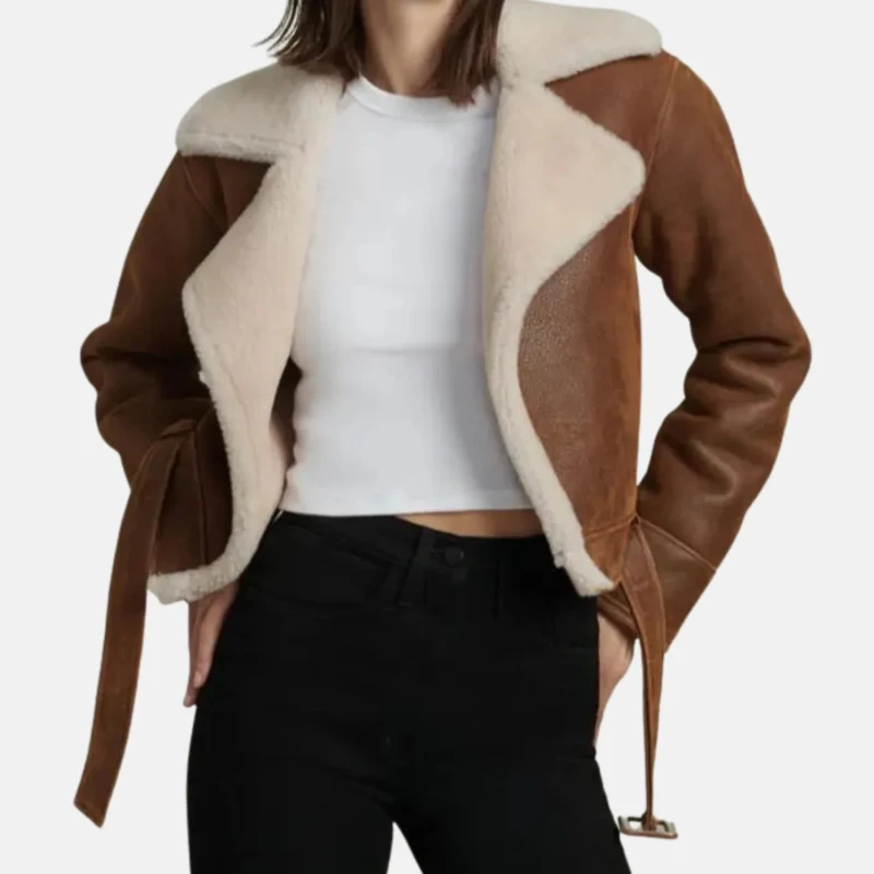 Women'S Brown Cropped Shearling Aviator Leather Jacket Women'S Brown Cropped Shearling Aviator Leather Jacket