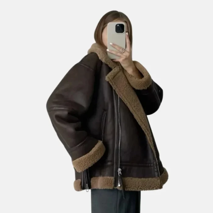 Women'S Brown Shearling Leather Aviator Jacket - 2