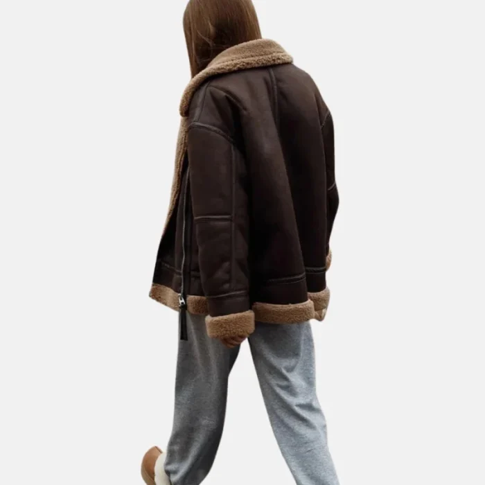 Women'S Brown Shearling Leather Aviator Jacket - 3