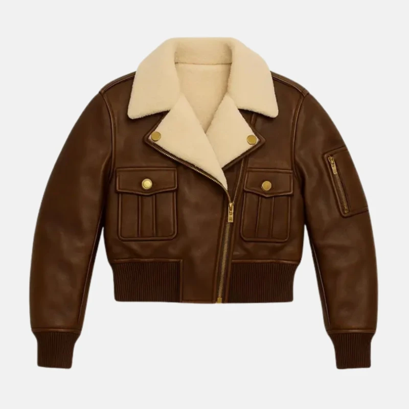 Women'S Cropped Shearling Collar Bomber Aviator Jacket Women'S Cropped Shearling Collar Bomber Aviator Jacket