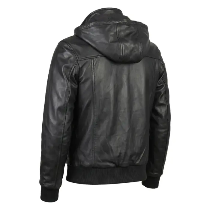 Black Bomber Leather Jacket With Hood