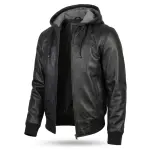 Black Bomber Leather Jacket with Hood
