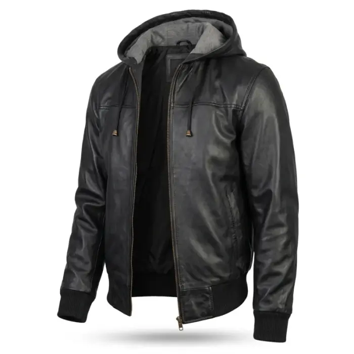 Black Bomber Leather Jacket With Hood