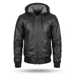 Black Bomber Leather Jacket with Hood