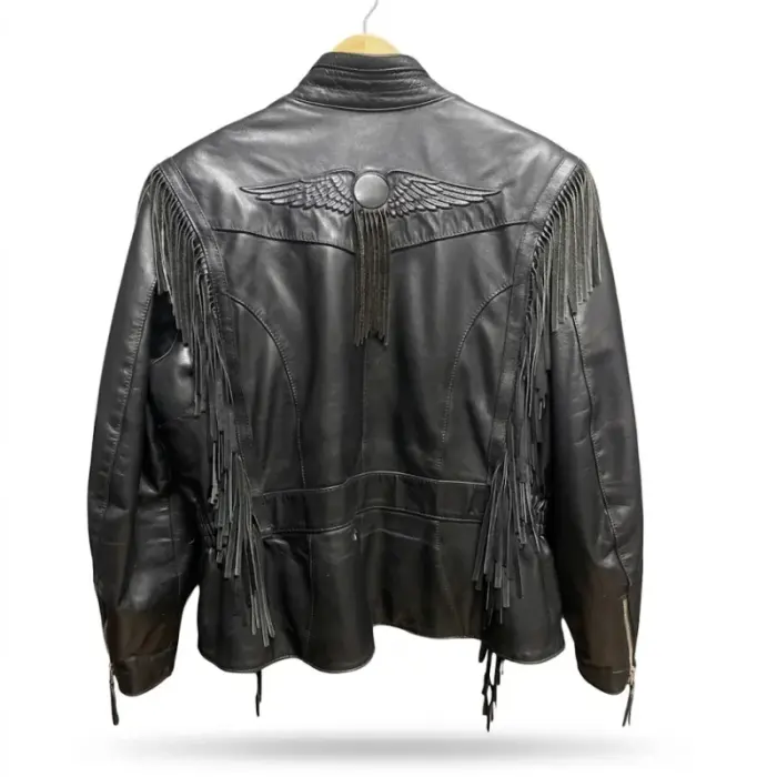 Black Cowhide Leather Fringe Biker Jacket