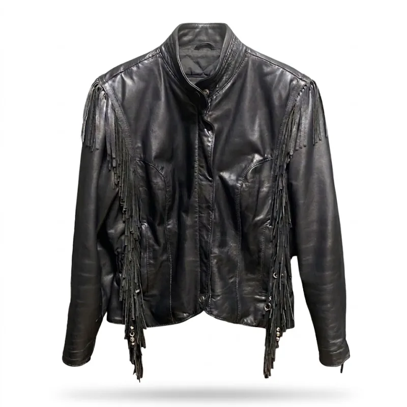 Black Cowhide Leather Fringe Biker Jacket Men'S Black Cowhide Leather Fringe Biker Jacket