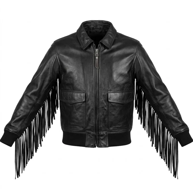 Black Cowhide Leather Fringe-Tassels Jacket Men’s Black Cowhide Leather Fringe-Tassels Jacket