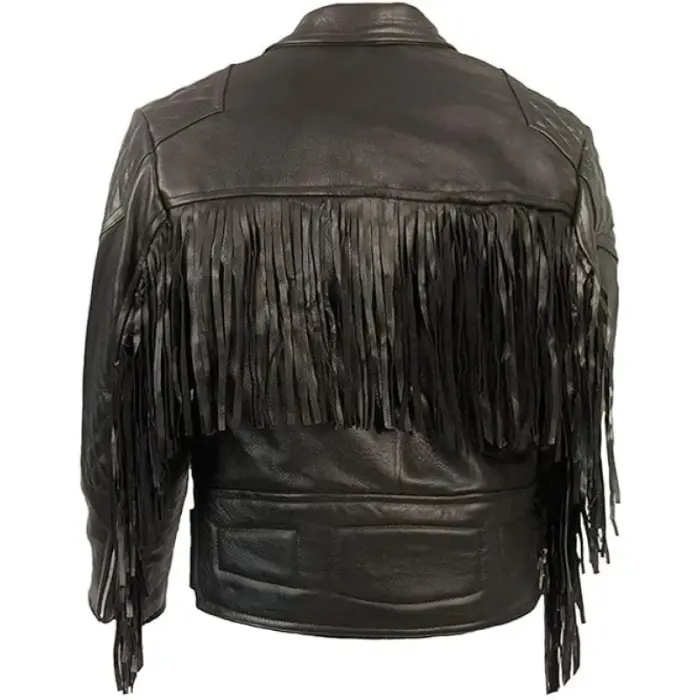 Black Diamond Fringe Tassel Leather Motorcycle Jacket