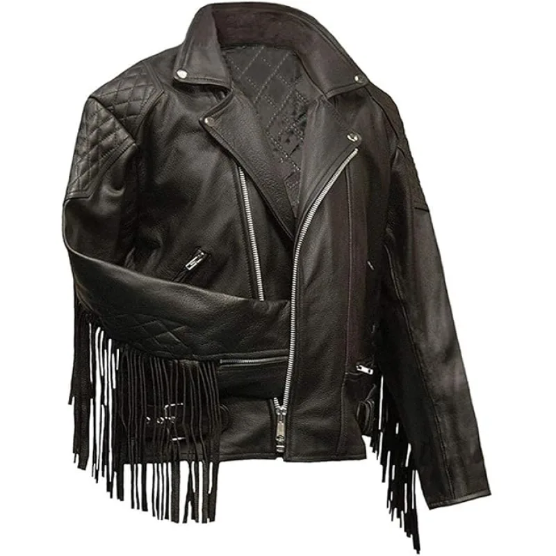 Black Diamond Fringe Tassel Leather Motorcycle Jacket Men'S Black Diamond Fringe Tassel Leather Motorcycle Jacket