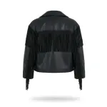Black Fringe Detail Faux Leather Biker Jacket