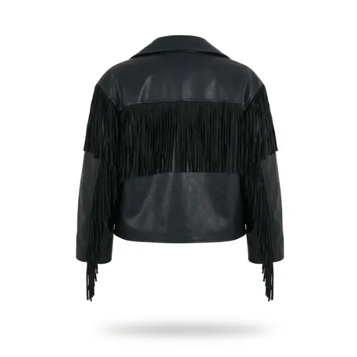 Black Fringe Detail Faux Leather Biker Jacket